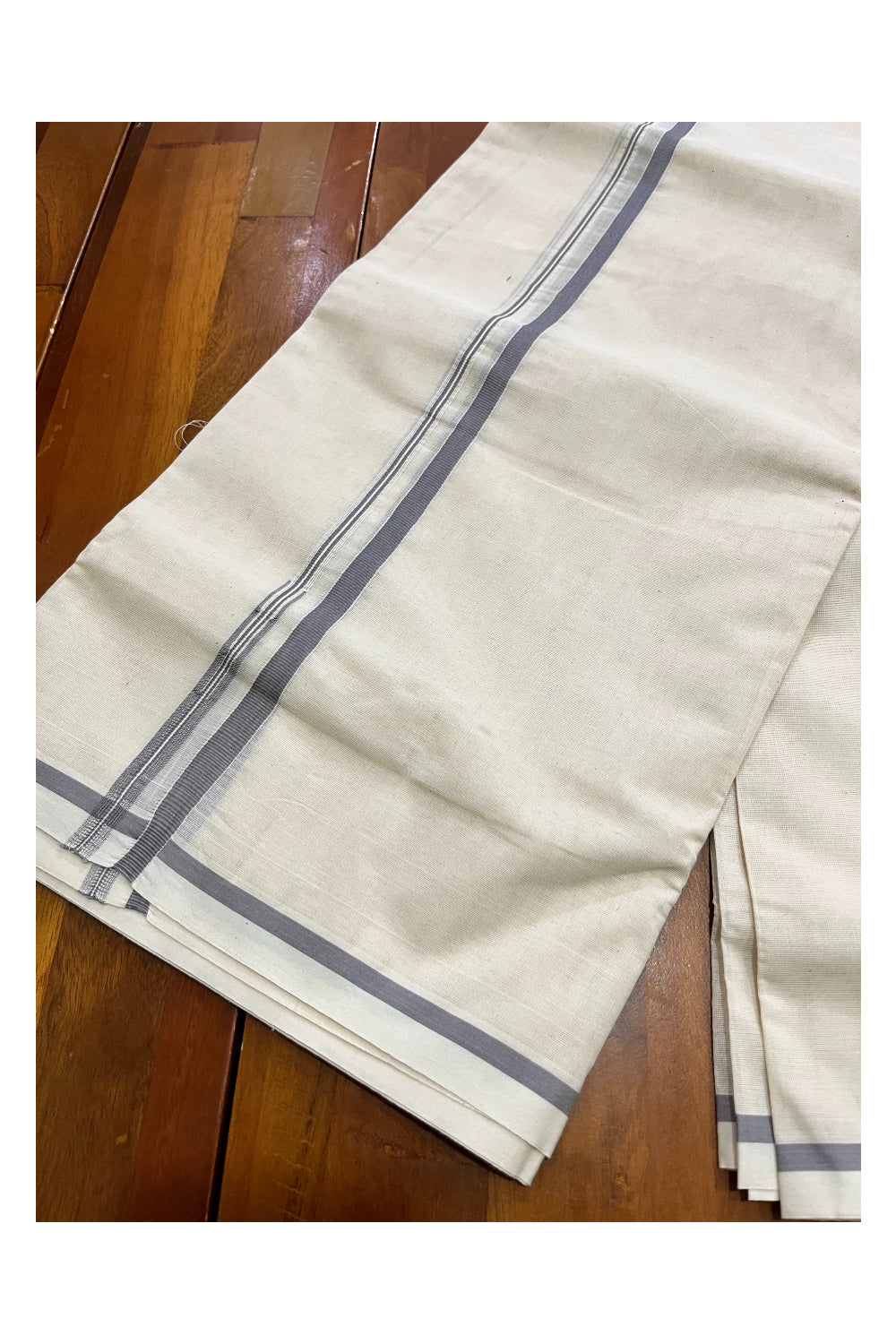 Pure Cotton Off White Kerala Double Mundu with Grey Puliyilakkara Chutti Border (South Indian Dhoti)