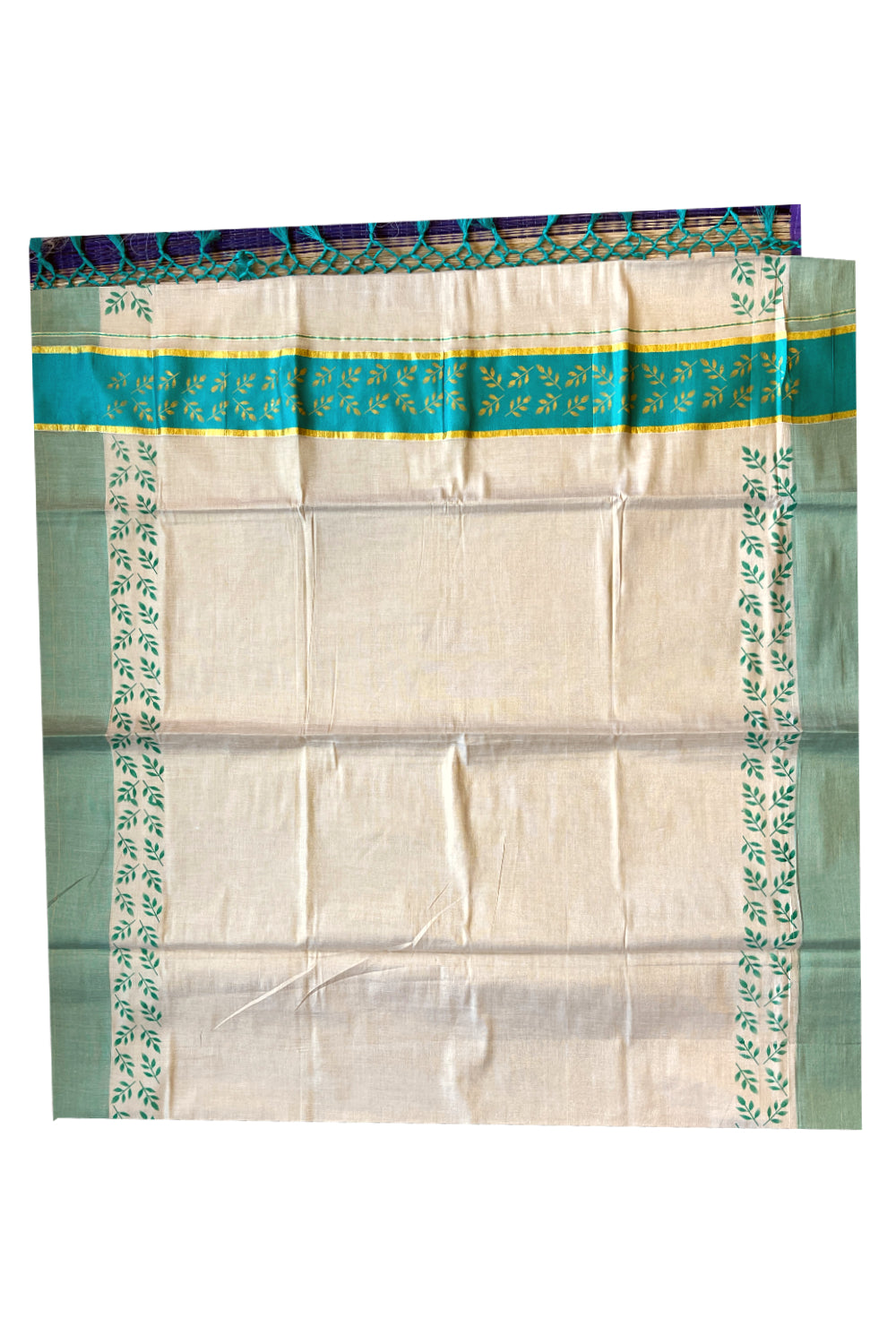 Kerala Tissue Kasavu Saree with Golden and Turquoise Block Prints on Border and Tassels Works