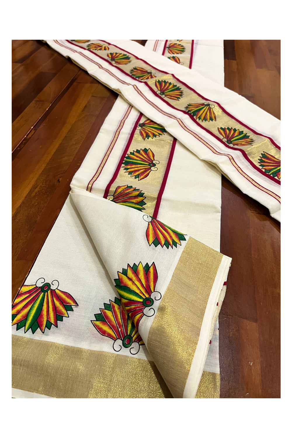 Kerala Cotton Single Set Mundu (Mundum Neriyathum) with Block Prints on Kasavu Maroon Border