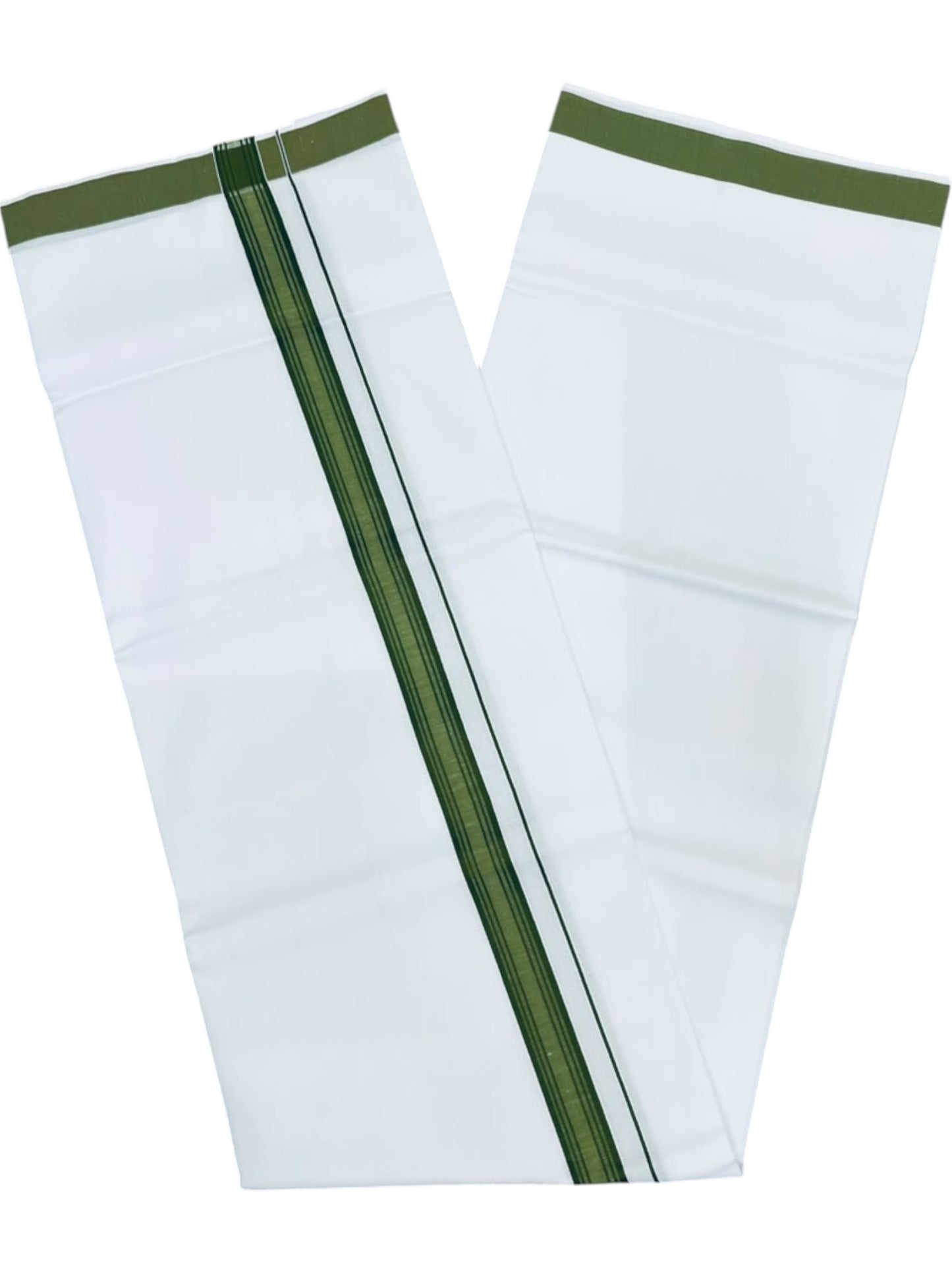 Southloom Pure White Single Cotton Mundu with Olive Green Border (South Indian Kerala Dhoti)