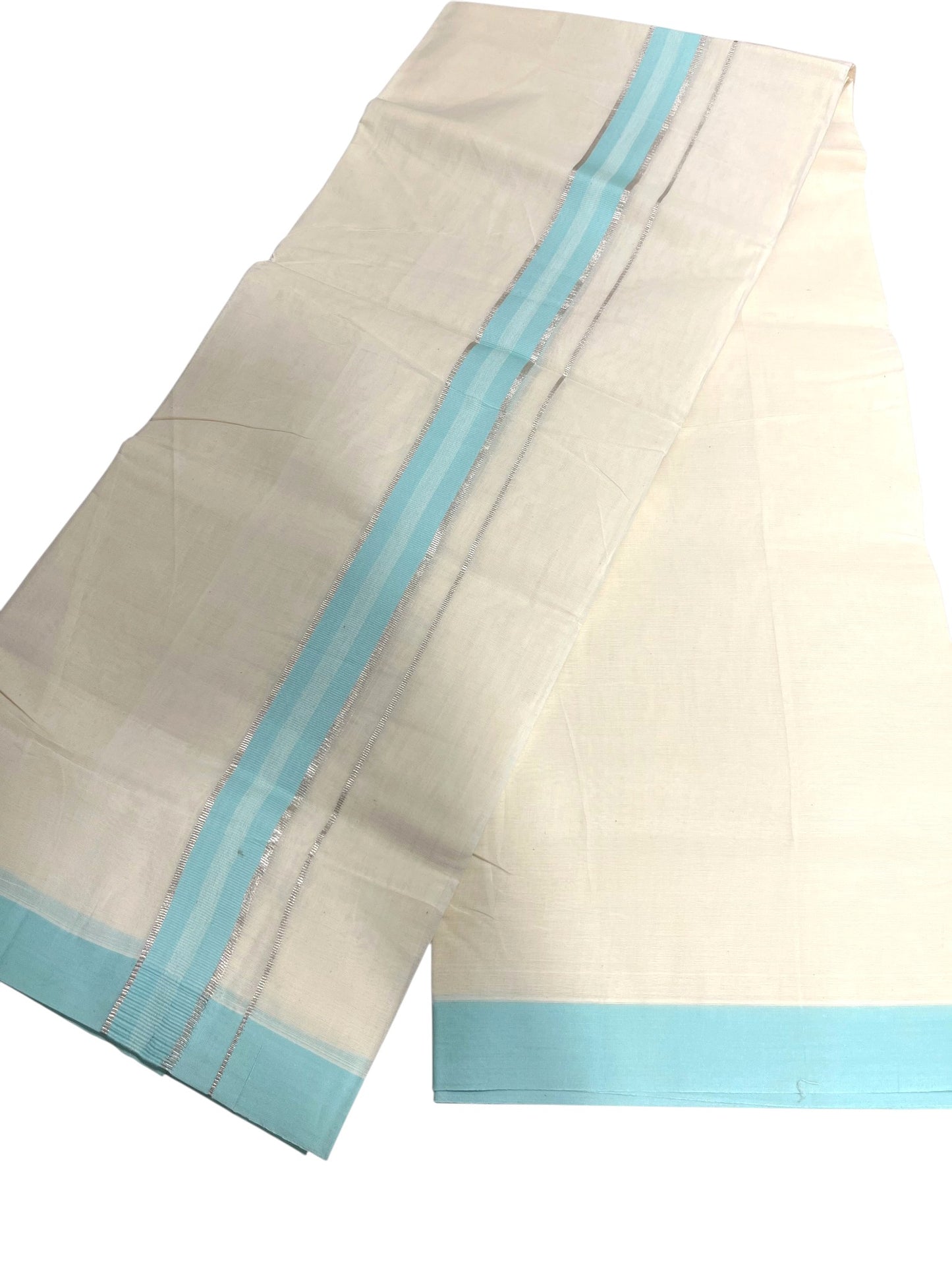 Southloom Kerala Pure Cotton Double Mundu with Silver Lines & Blue Border (South Indian Dhoti)