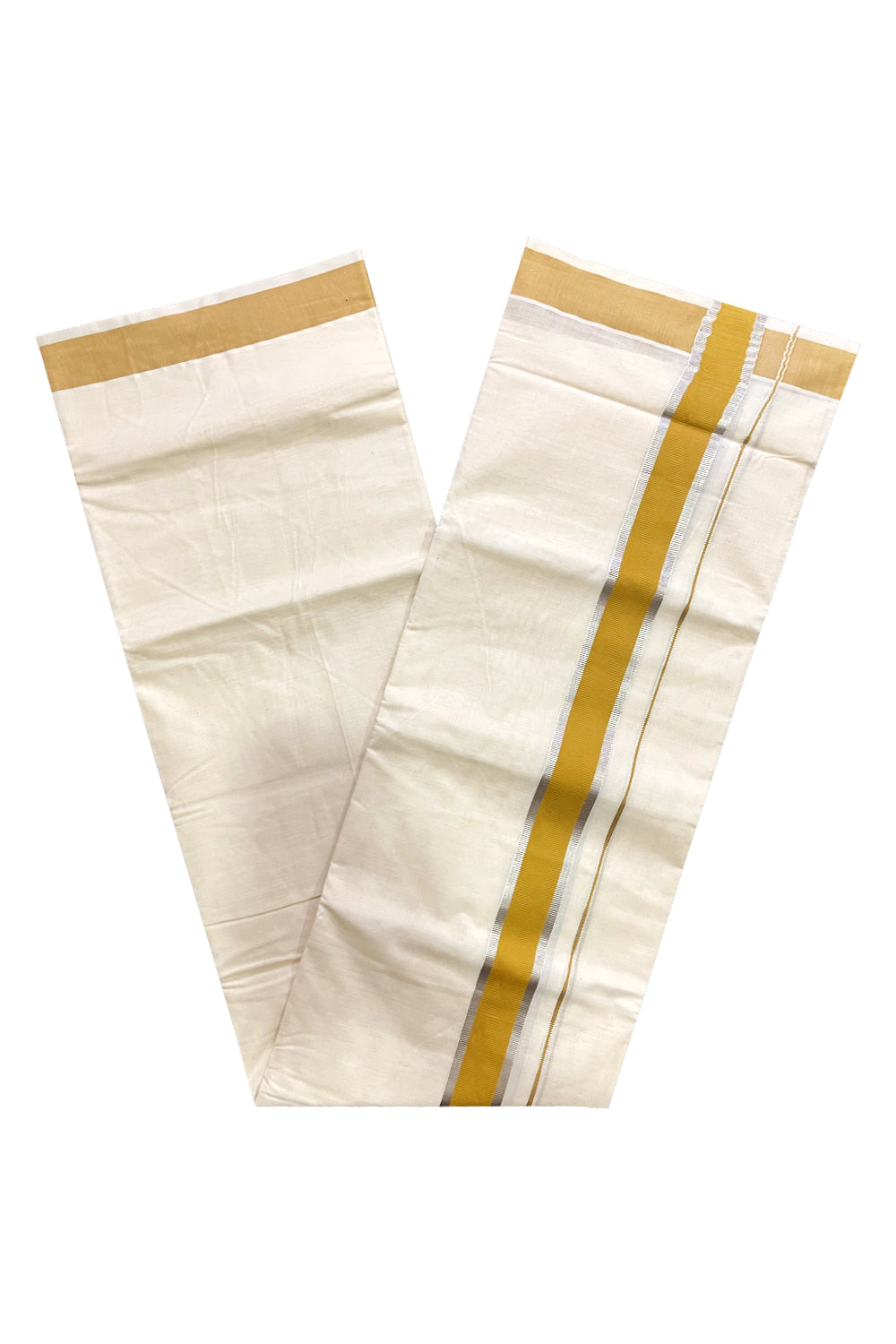 Pure Cotton Double Mundu with Yellow and Silver Kasavu Kara (South Indian Kerala Dhoti)