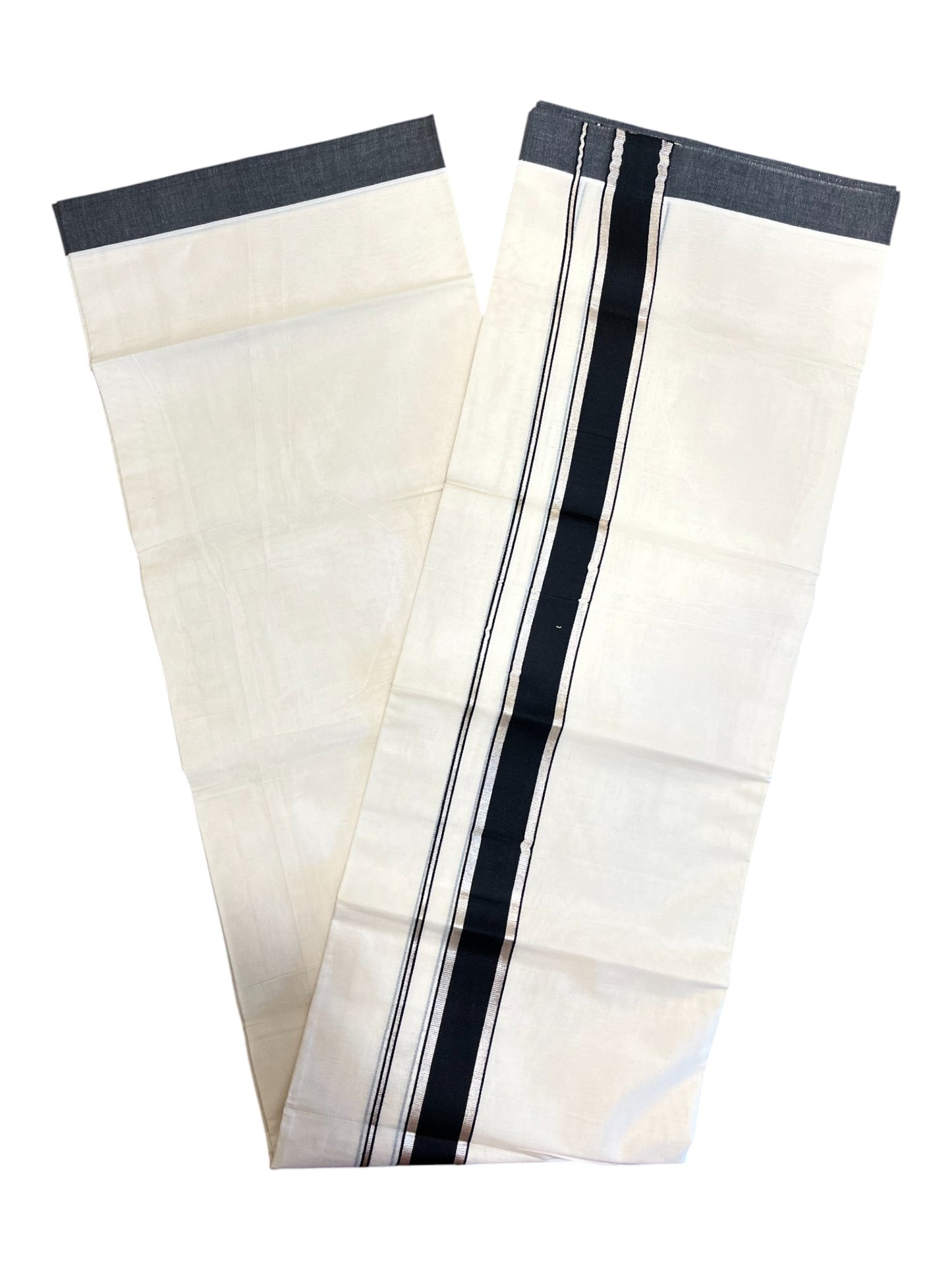 Southloom Pure Cotton Double Mundu With Silver Kasavu & Black Border (South Indian Kerala Dhoti)