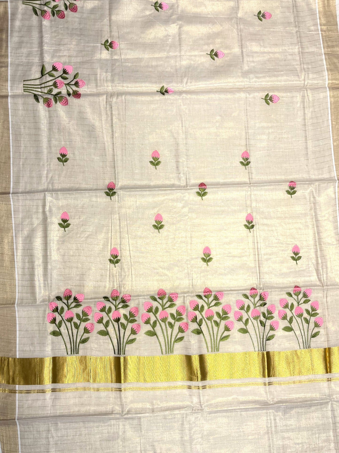 Southloom Tissue Kerala Kasavu Saree with Floral Embroidery Design