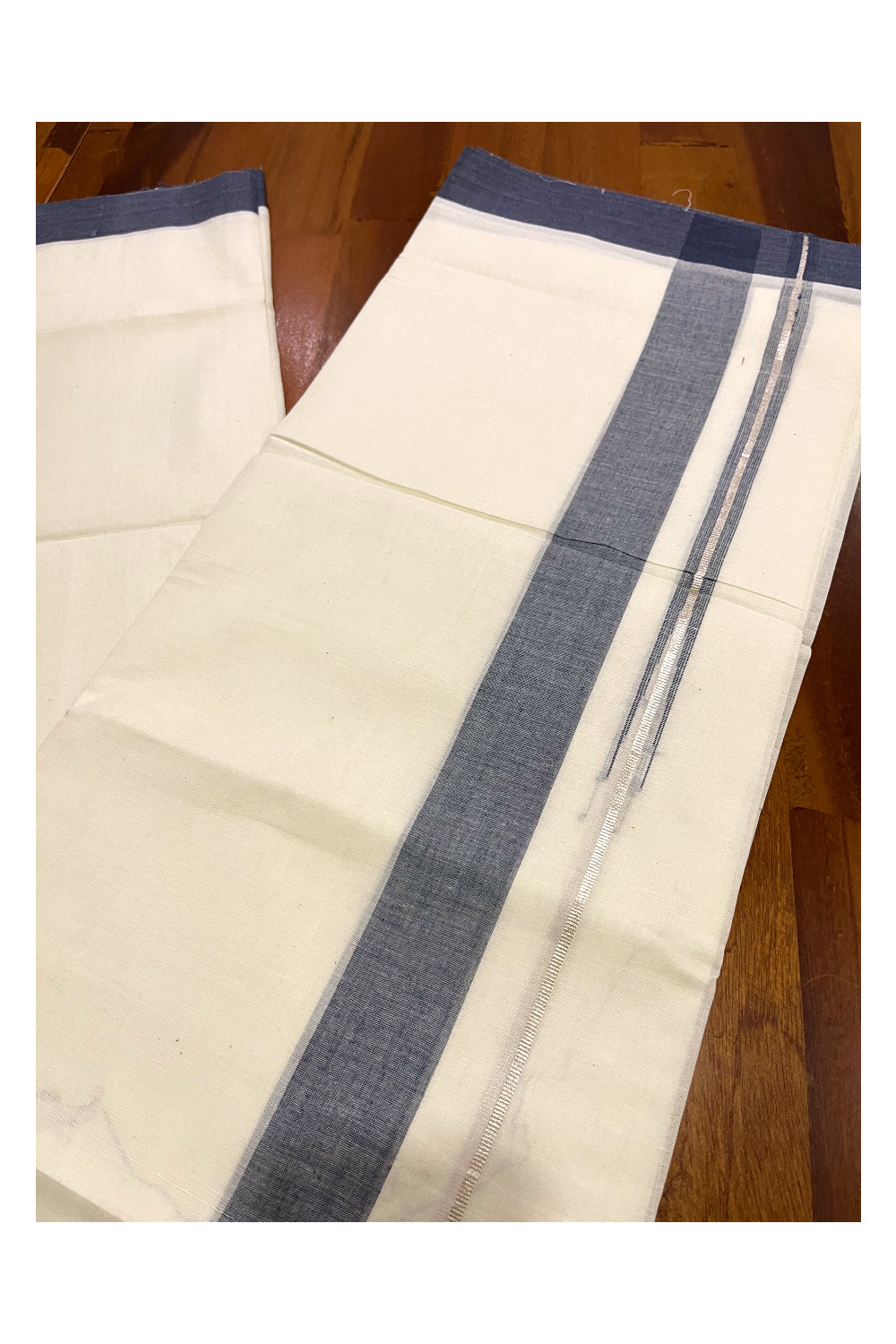 Pure Cotton Kerala Double Mundu with Grey and Kasavu Line Chutti Border (South Indian Kerala Dhoti)