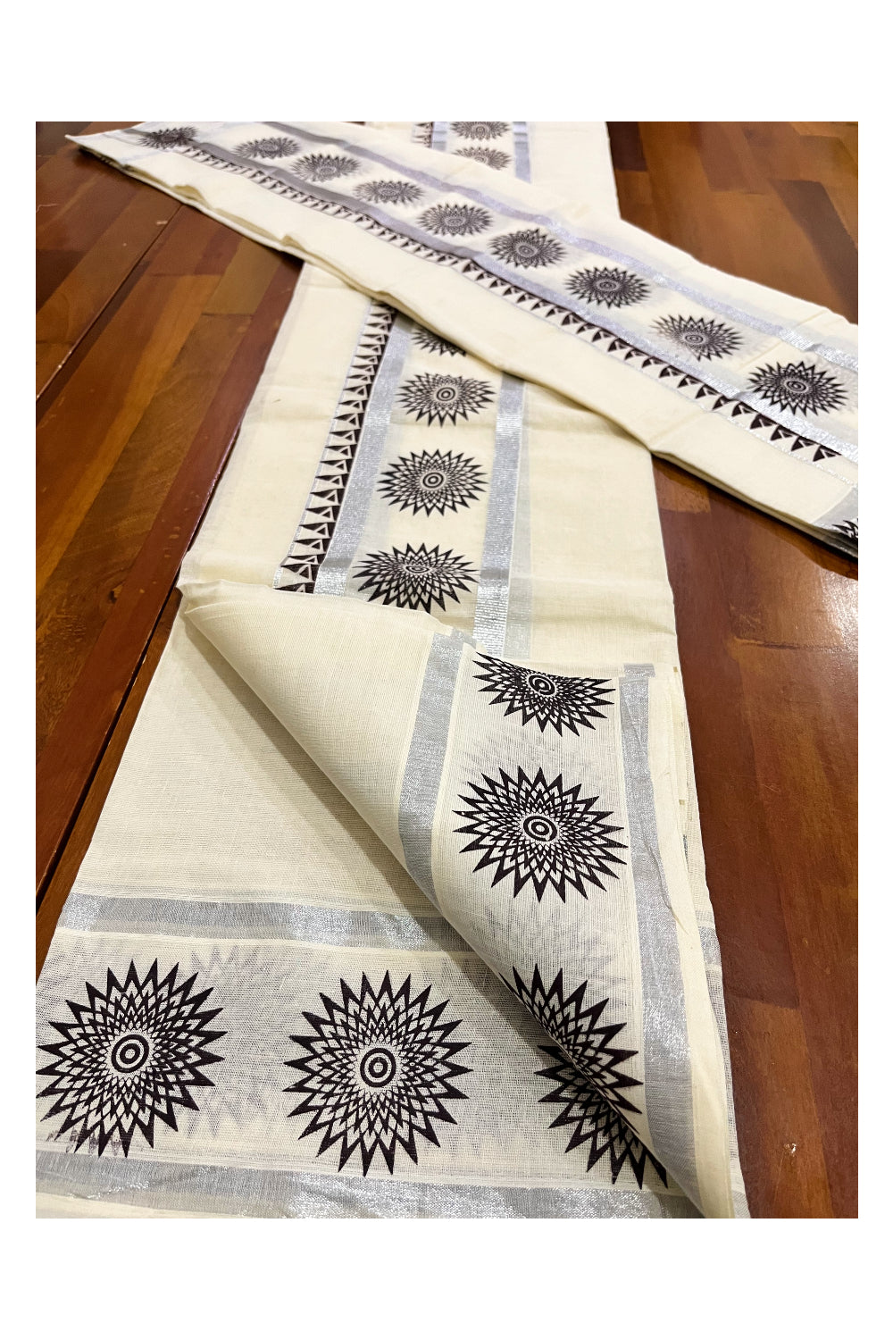 Kerala Pure Cotton Set Mundu Single (Mundum Neriyathum) with Dark Brown Temple Block Prints on Silver Kasavu Border