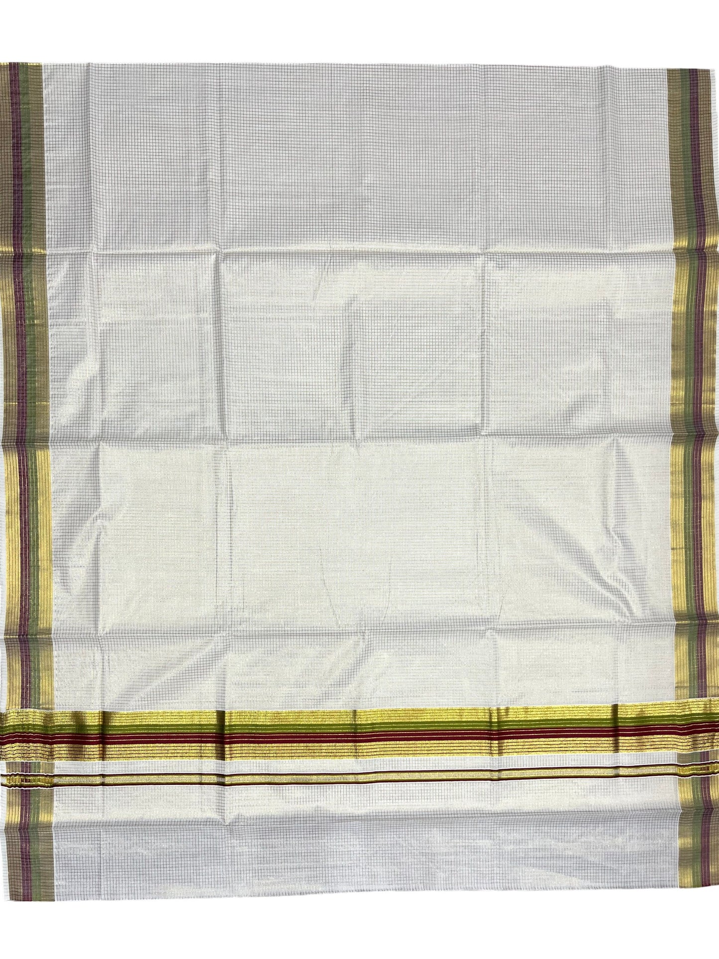 Southloom Kerala Cotton Kasavu Saree with Micro Check Design on Body in Maroon & Olive Green Border