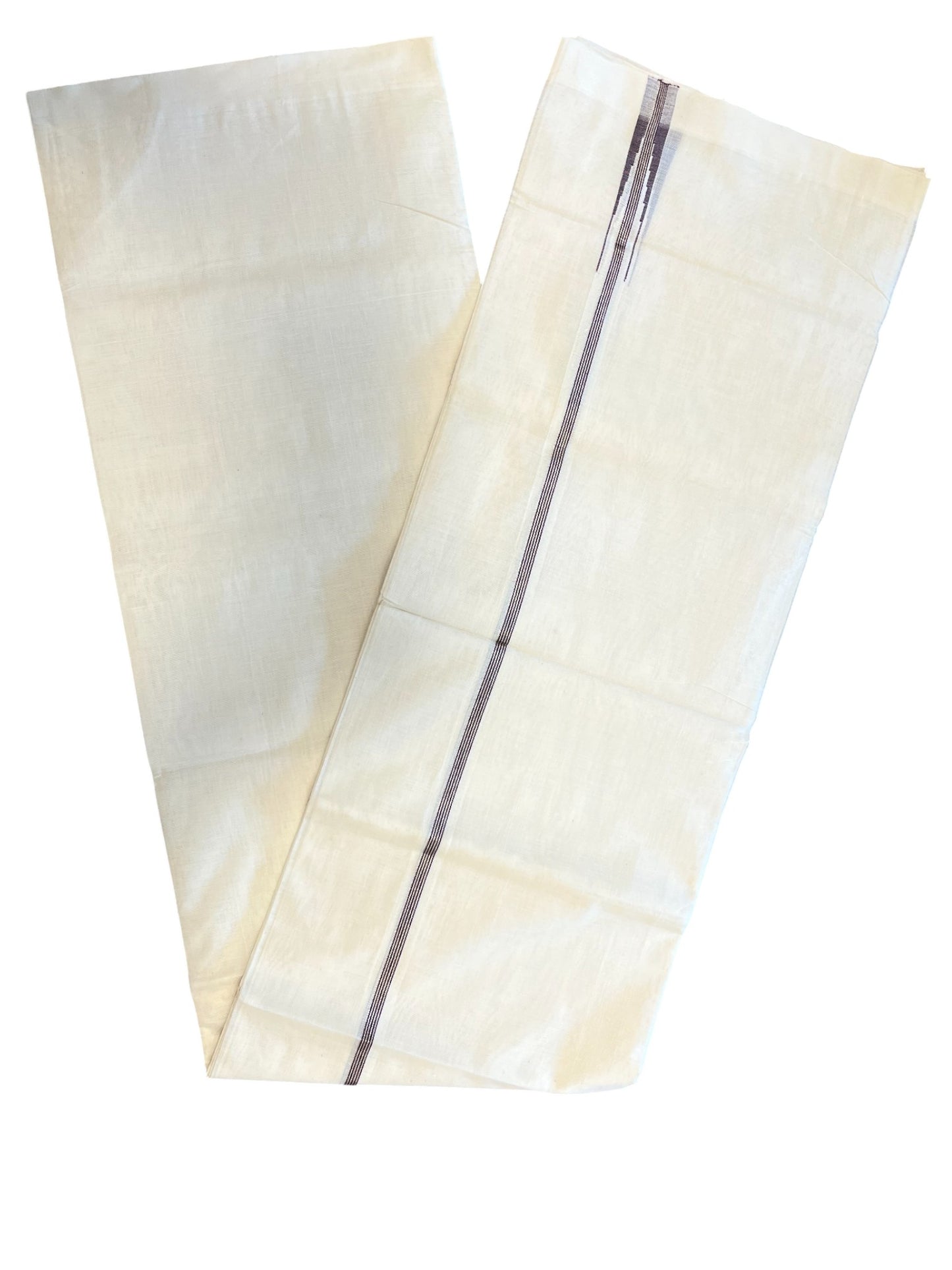 Southloom Premium Handloom Cotton Double Mundu with Silver and Purple Chutti Kara Border