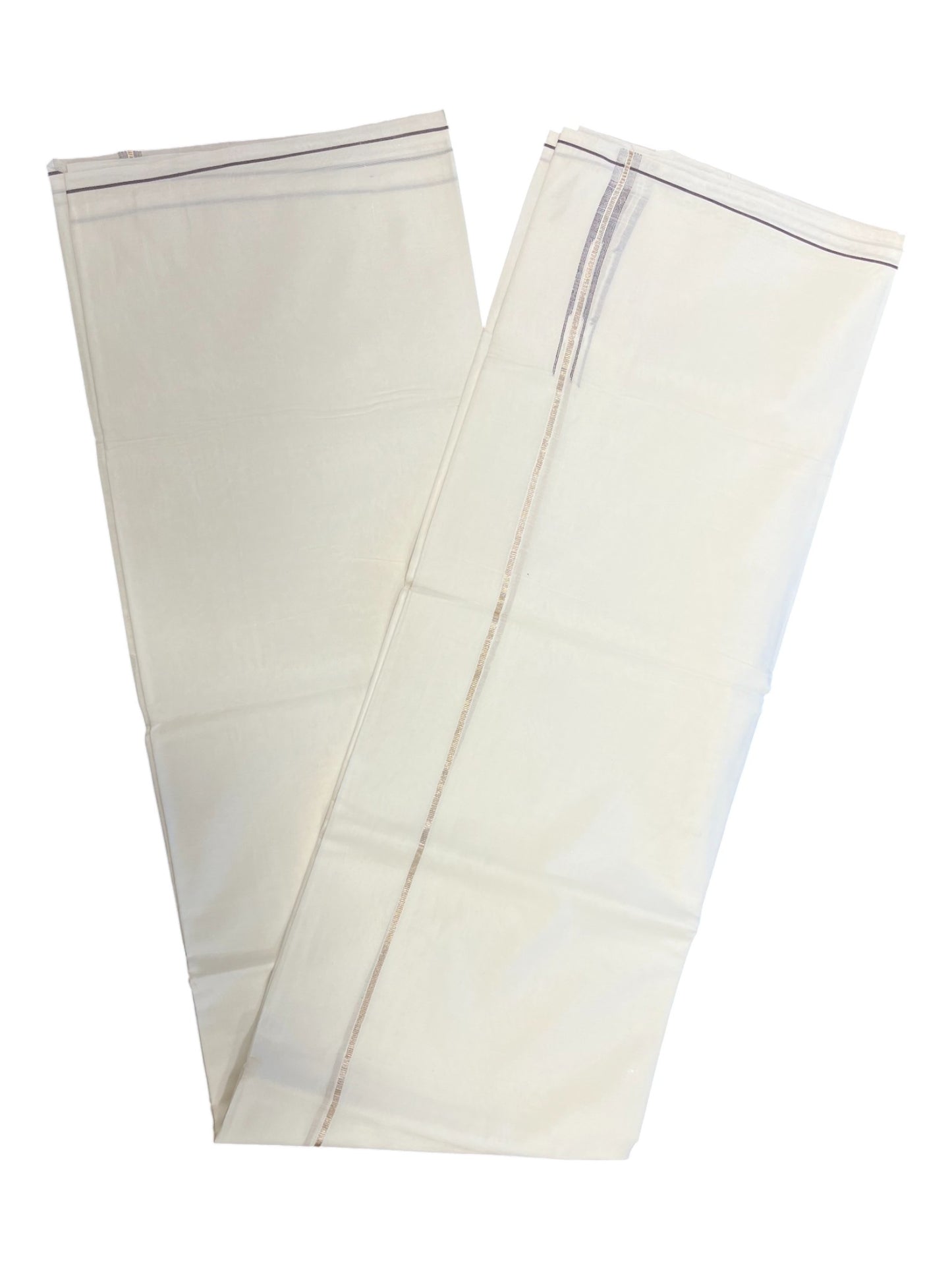 Pure White Cotton Double Mundu with Silver and Brown Chutti Kara (South Indian Dhoti)