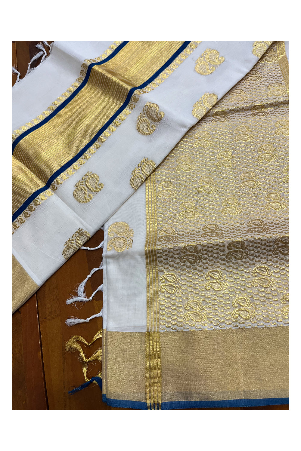 Southloom Premium Handloom Kerala Kasavu Saree with Paisley Woven Motifs