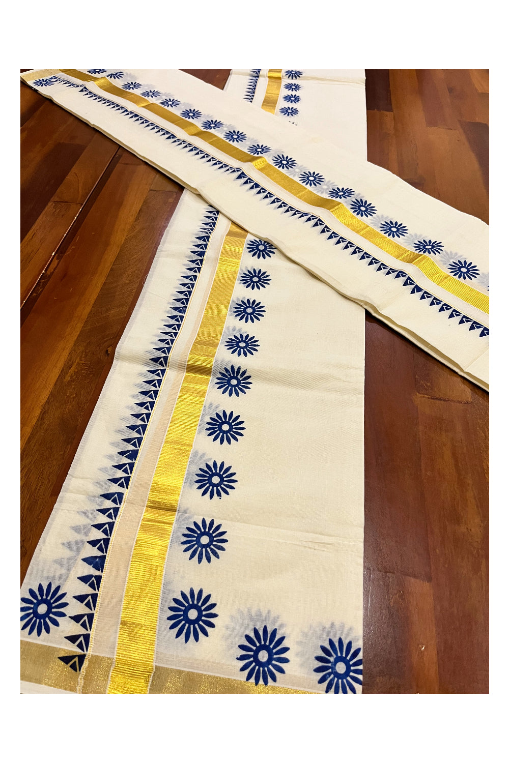 Kerala Pure Cotton Kasavu Set Mundu Single (Mundum Neriyathum) with Blue Block Prints and Temple Border 2.80 Mtrs