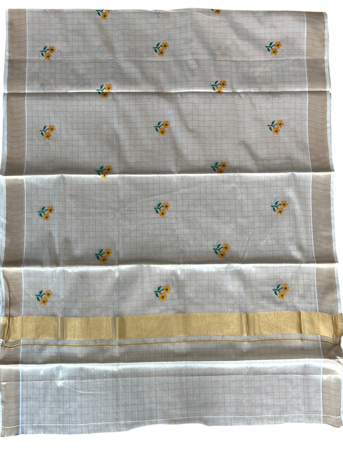 Southloom Kerala Tissue Kasavu Check Saree With Floral Embroidery Work