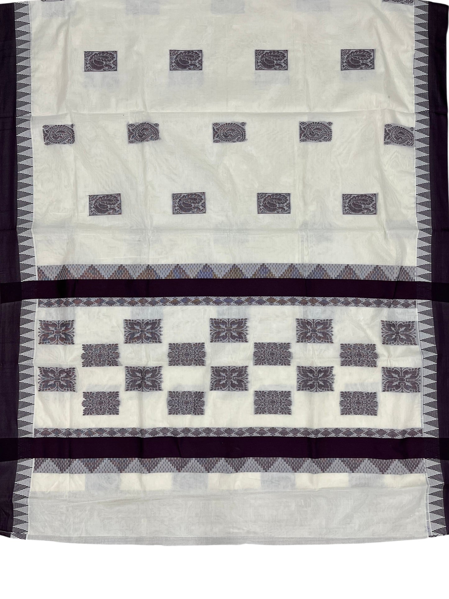 Southloom Pure Cotton Kerala Saree with Dark Purple Heavy Woven Designs and Temple Border SL454