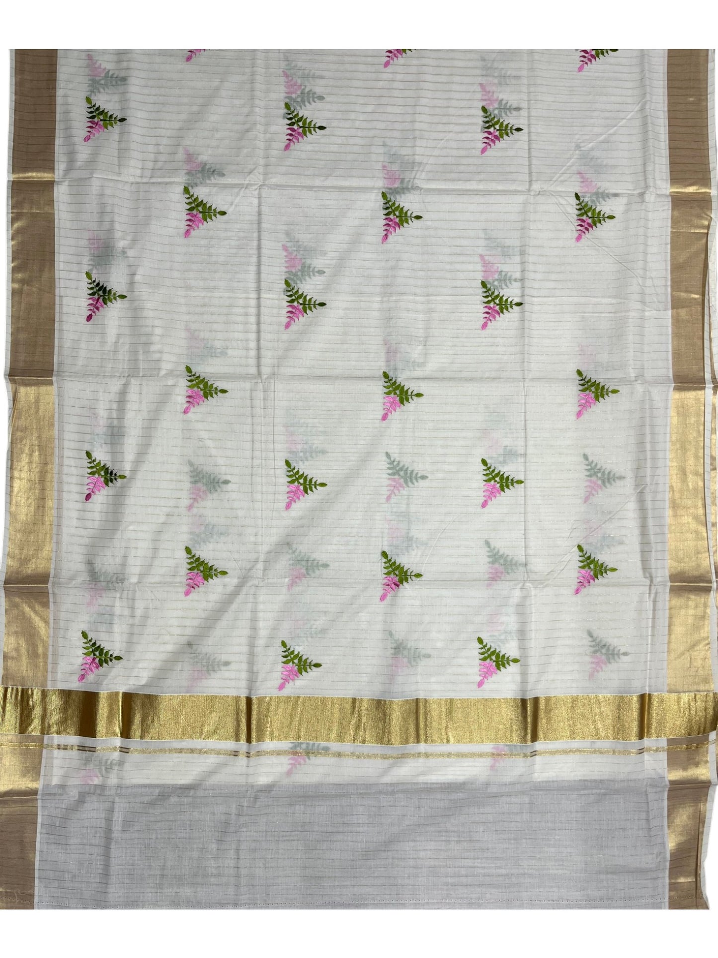 Southloom Kerala Cotton Kasavu Stripes Saree with Floral Embroidery Design in Pink and Green