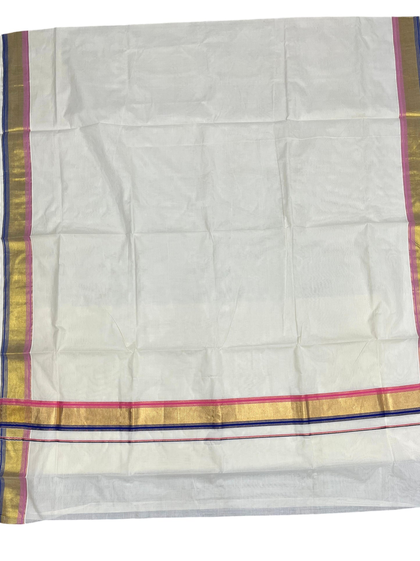 Southloom Kerala Cotton Kasavu Saree with Blue And Pink Border