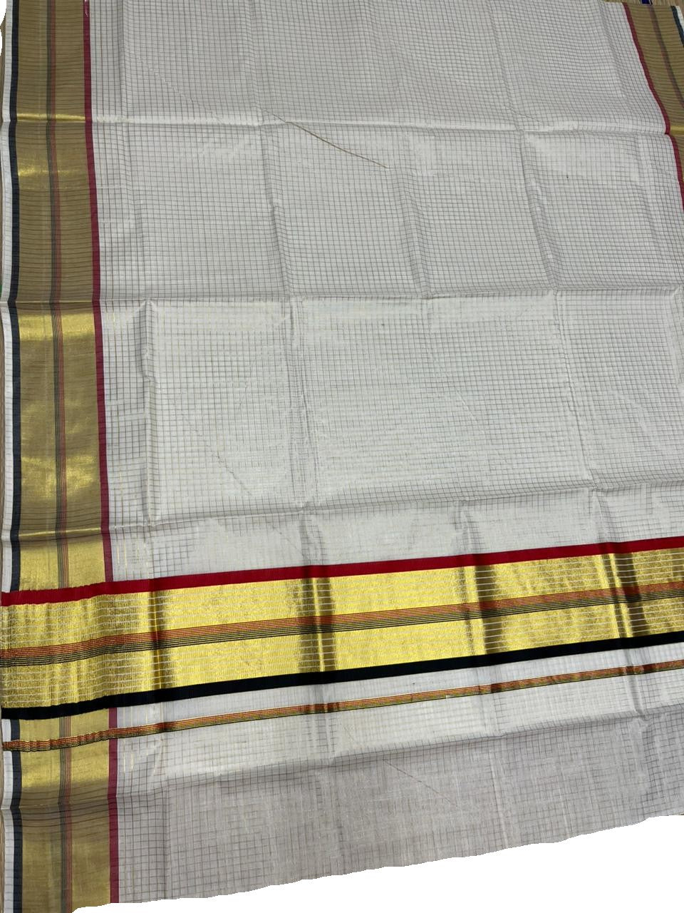 Southloom Kerala Cotton Kasavu Saree with Micro Check Design on Body in Red & Black Border SL453