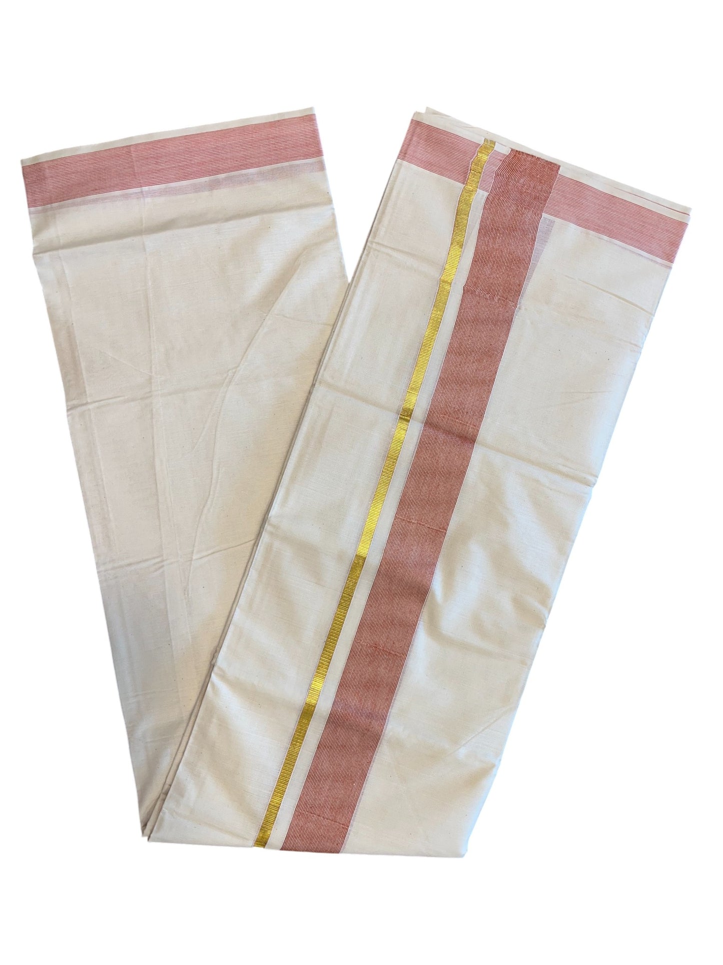 Southloom Kerala Pure Cotton Double Mundu with Gold Lines & Red Border (South Indian Dhoti)