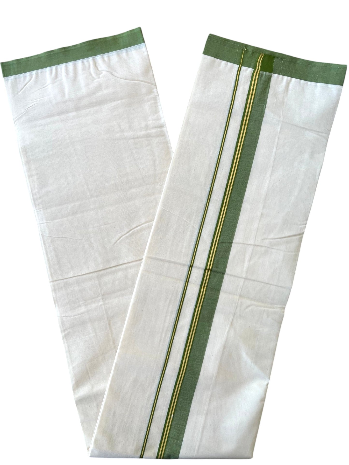 Southloom Pure Cotton Mundu with Golden Lines and Olive Green Border (South Indian Kerala Dhoti)