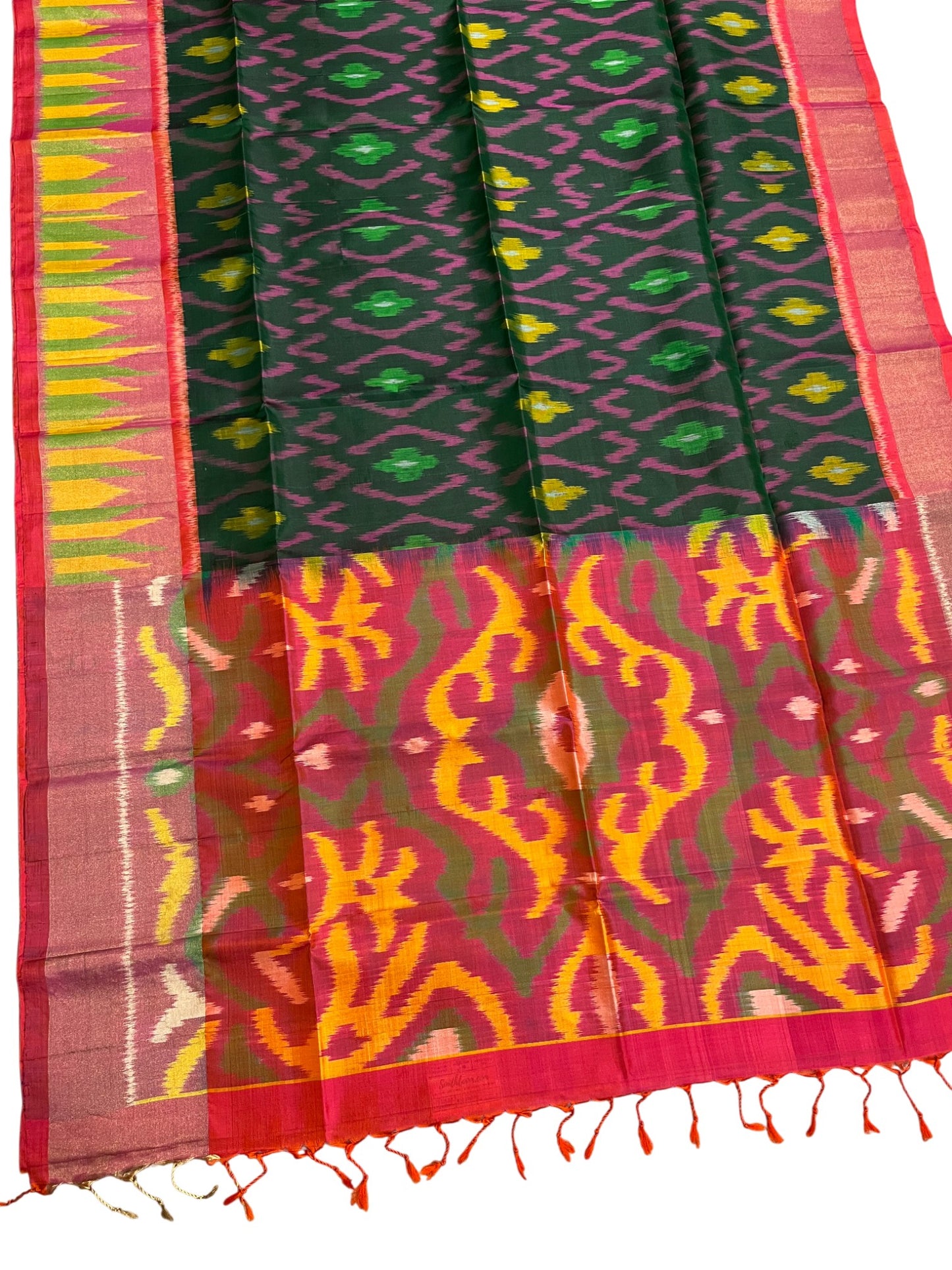 Southloom Pure Handloom Bridal Kanchipuram Silk Saree with Pochampally Work (Green & Magenta)