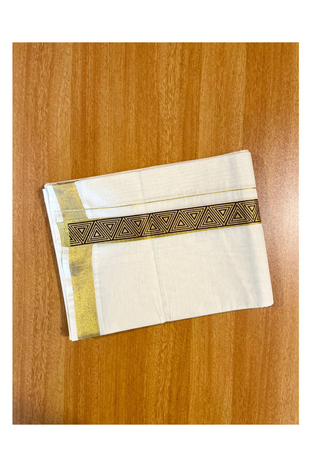 Southloom Kasavu Double Mundu with Brown Prints Along Kasavu Kara