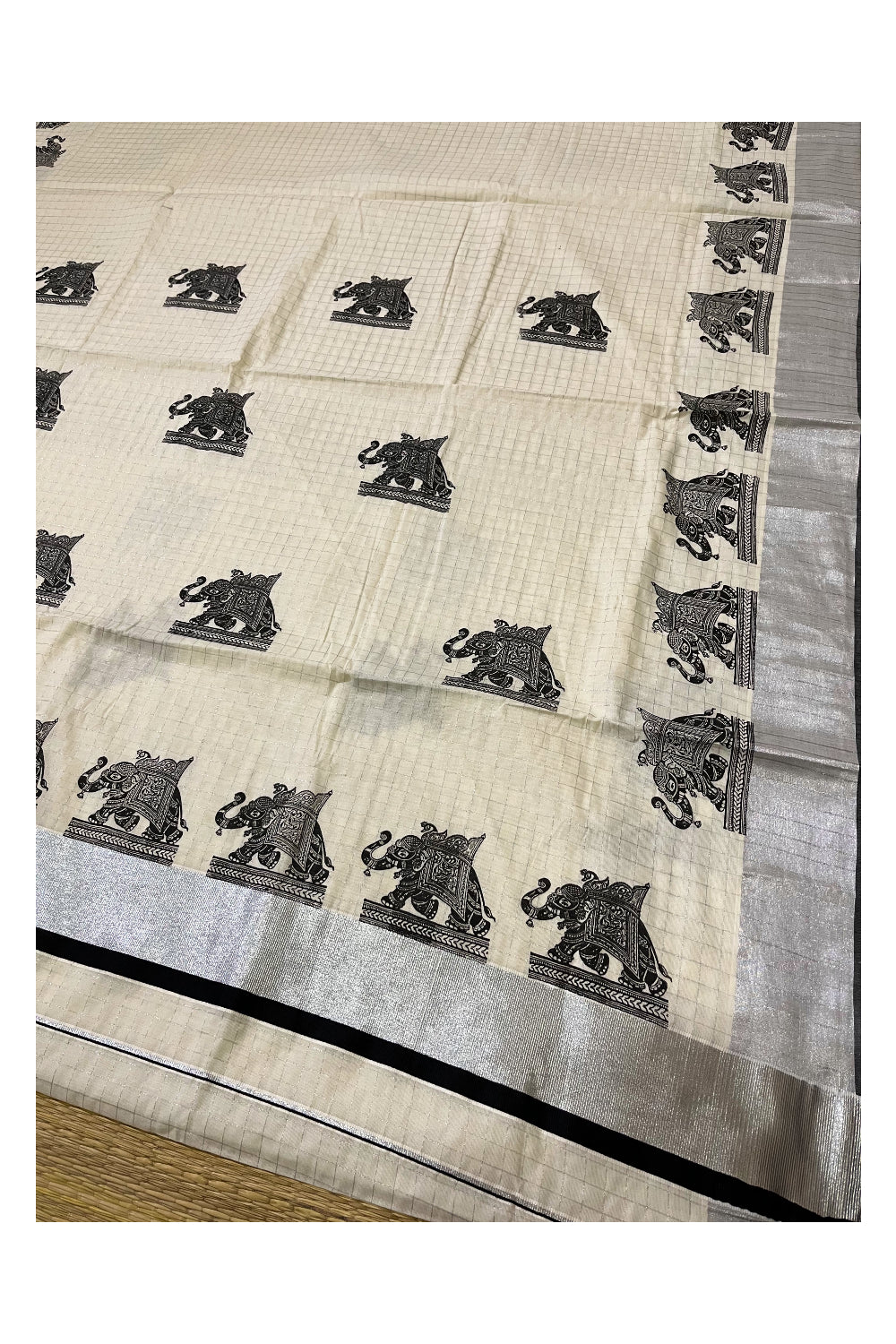 Southloom Silver Check Saree with Black Border and Elephant Block Prints