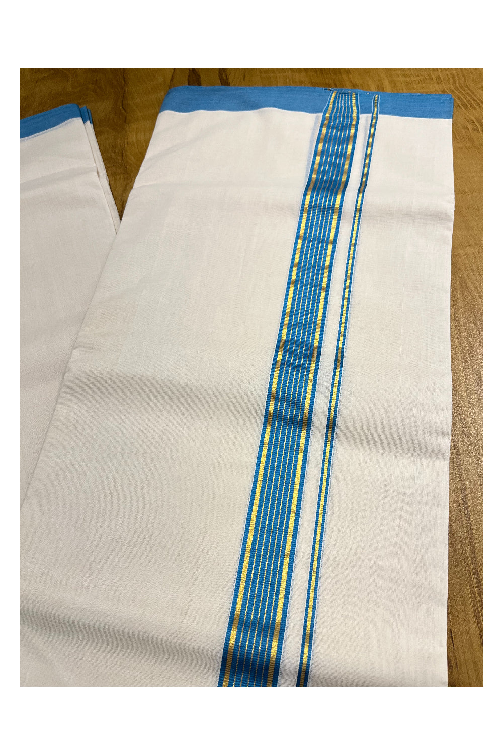 Premium Balaramapuram Handloom Unakkupaavu 1 inch Double Mundu with Kasavu and Blue Kara