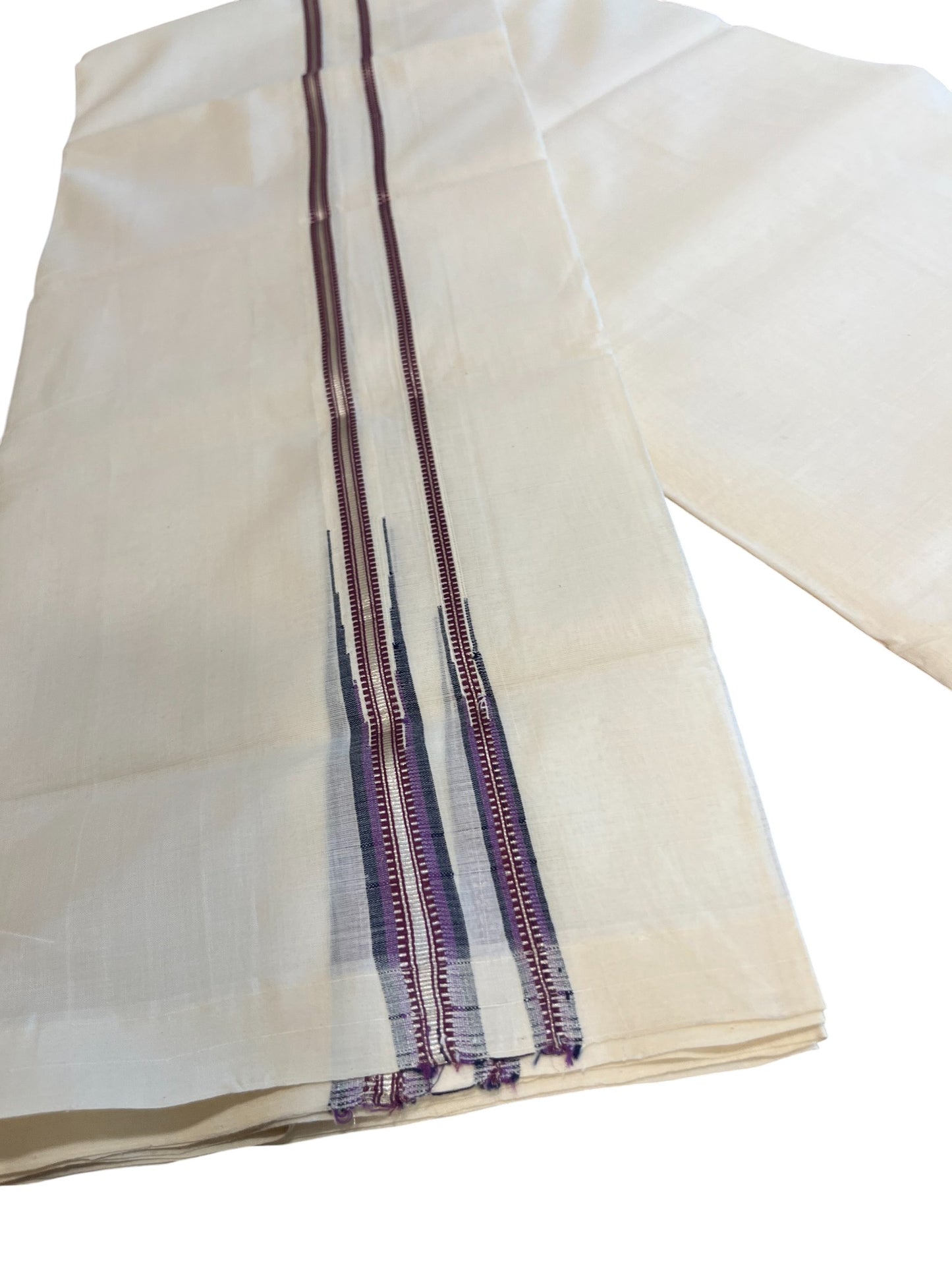 Southloom Premium Handloom Cotton Double Mundu with Silver and Purple Border