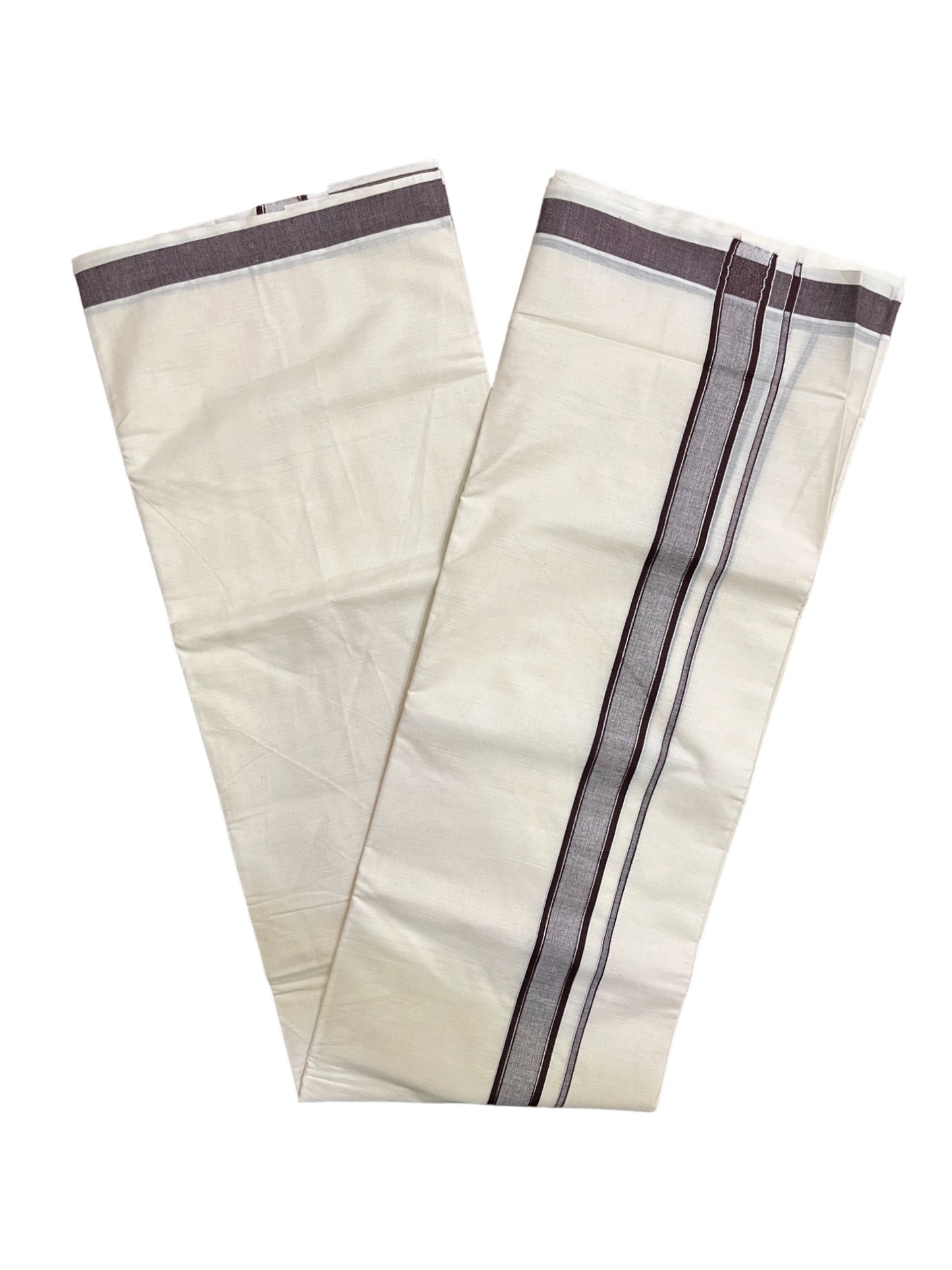 Kerala Pure Cotton Double Mundu with Brown and Silver Kasavu Line Border (South Indian Kerala Dhoti)