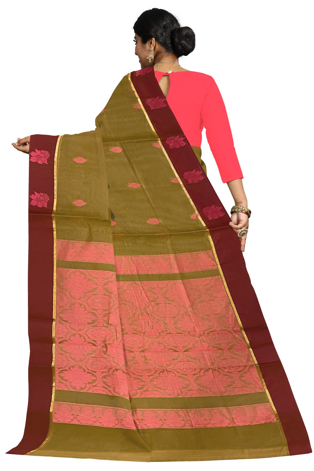 Southloom Cotton Green Saree with Magenta Floral Woven Border