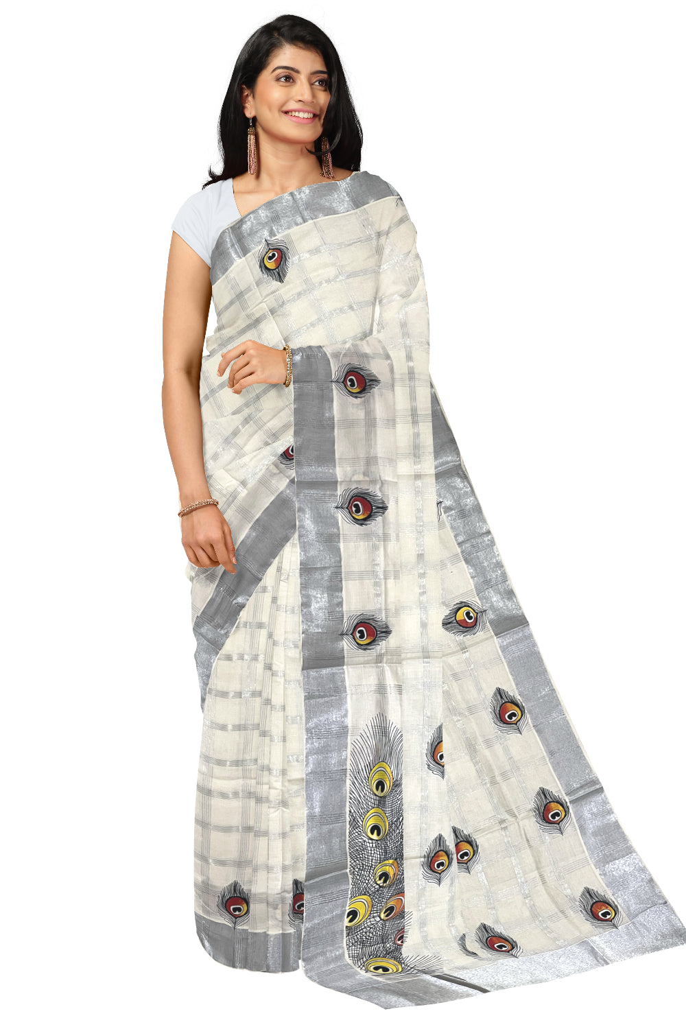 Pure Cotton Kerala Saree with Silver Kasavu Check Designs and Orange Feather Block Printed Body (Onam Saree 2023)