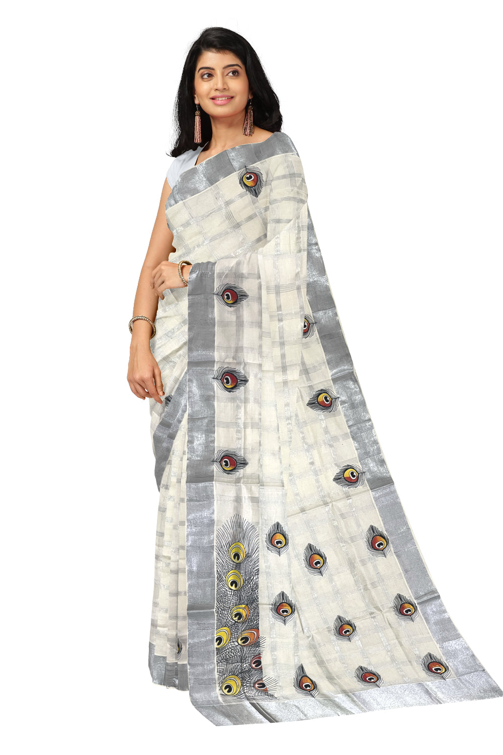 Pure Cotton Kerala Saree with Silver Kasavu Check Designs and Orange Feather Block Printed Body (Onam Saree 2023)