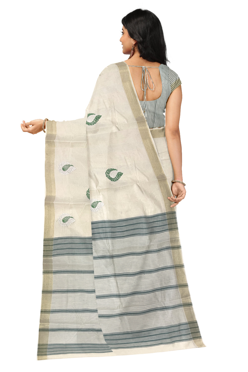 Pure Cotton Kerala Saree with Green Paisley Embroidery Work and Kasavu Border