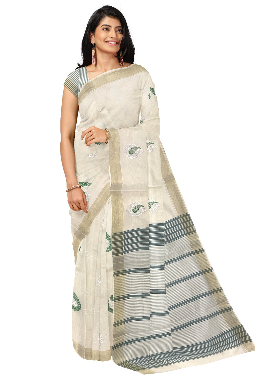 Pure Cotton Kerala Saree with Green Paisley Embroidery Work and Kasavu Border