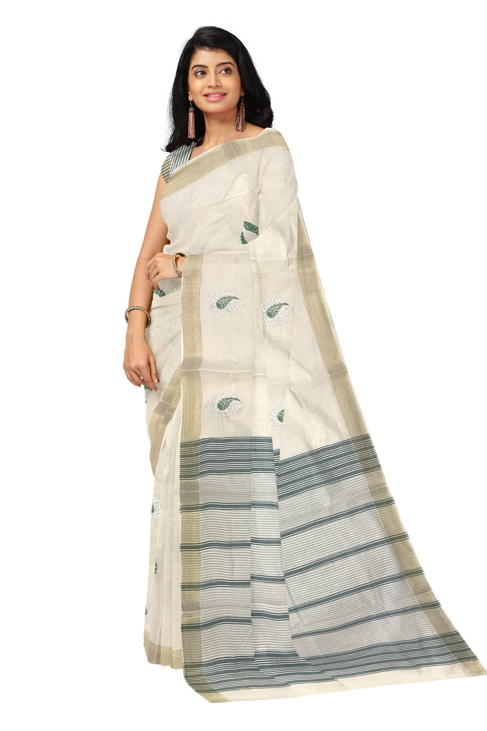 Pure Cotton Kerala Saree with Green Paisley Embroidery Work and Kasavu Border