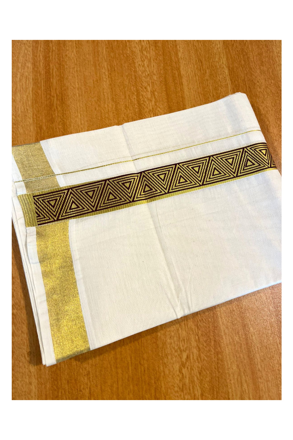 Southloom Kasavu Double Mundu with Brown Prints Along Kasavu Kara