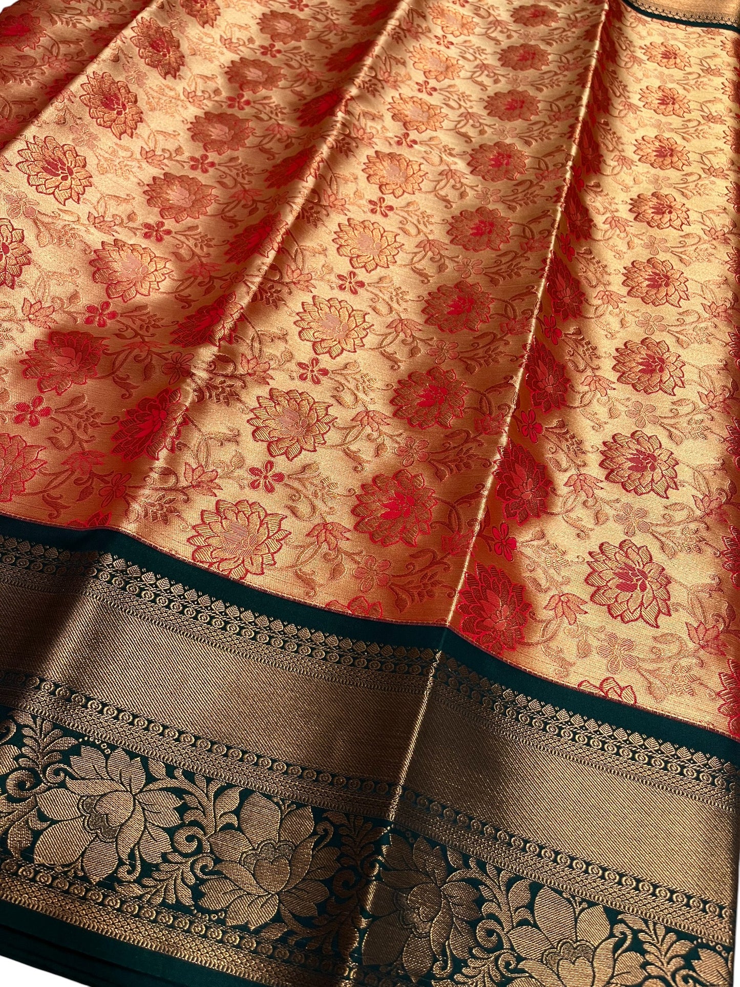 Southloom Banarasi Semi Silk Saree with Floral Zari Work Across Body (Peach & Green)