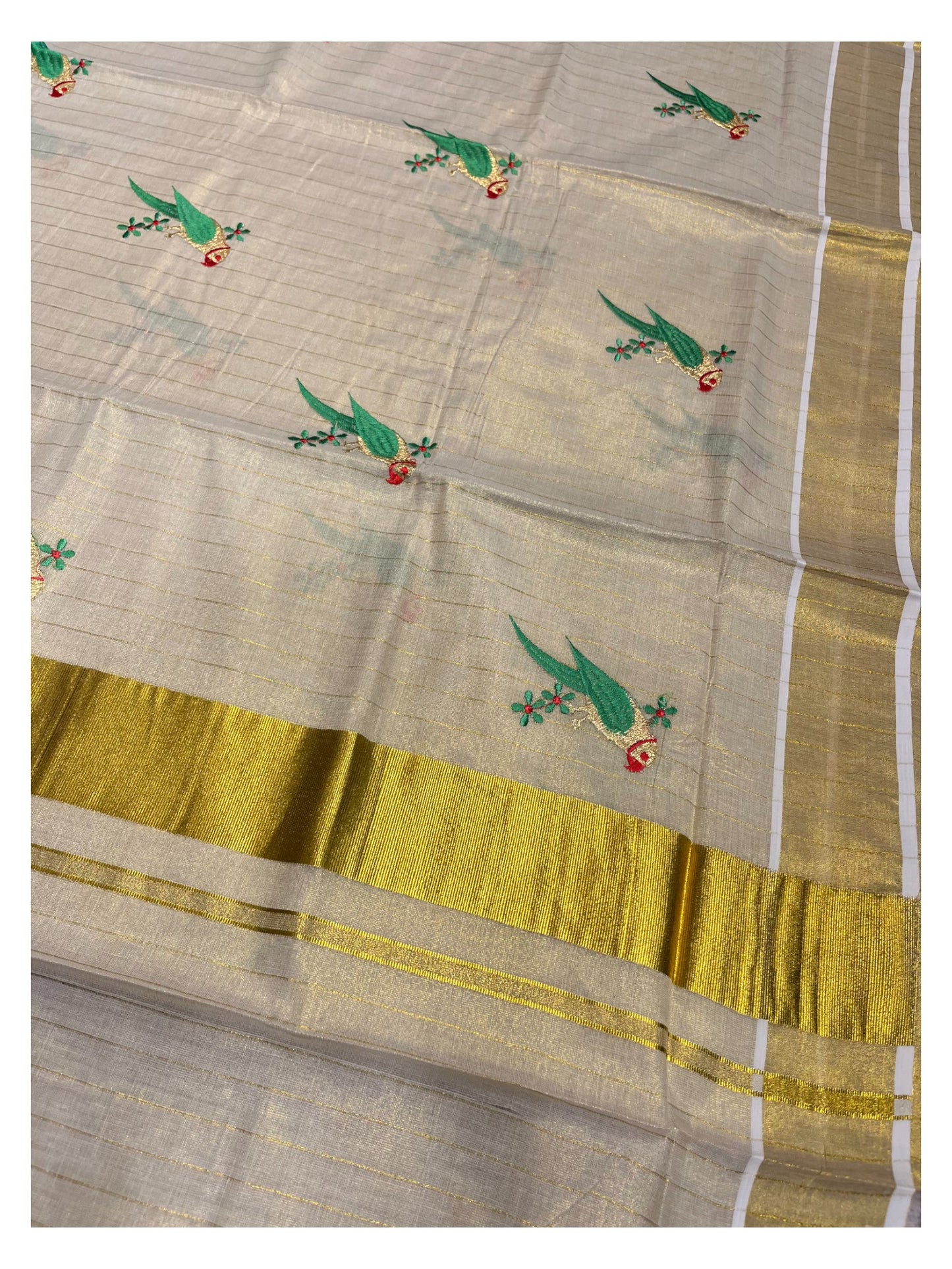Southloom Kerala Tissu Kasavu Saree with Parrot Embroidery Works