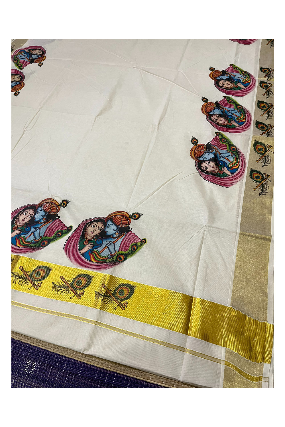 Pure Cotton Kerala Kasavu Saree with Krishna Radha Mural Printed Design (Onam Saree 2023)