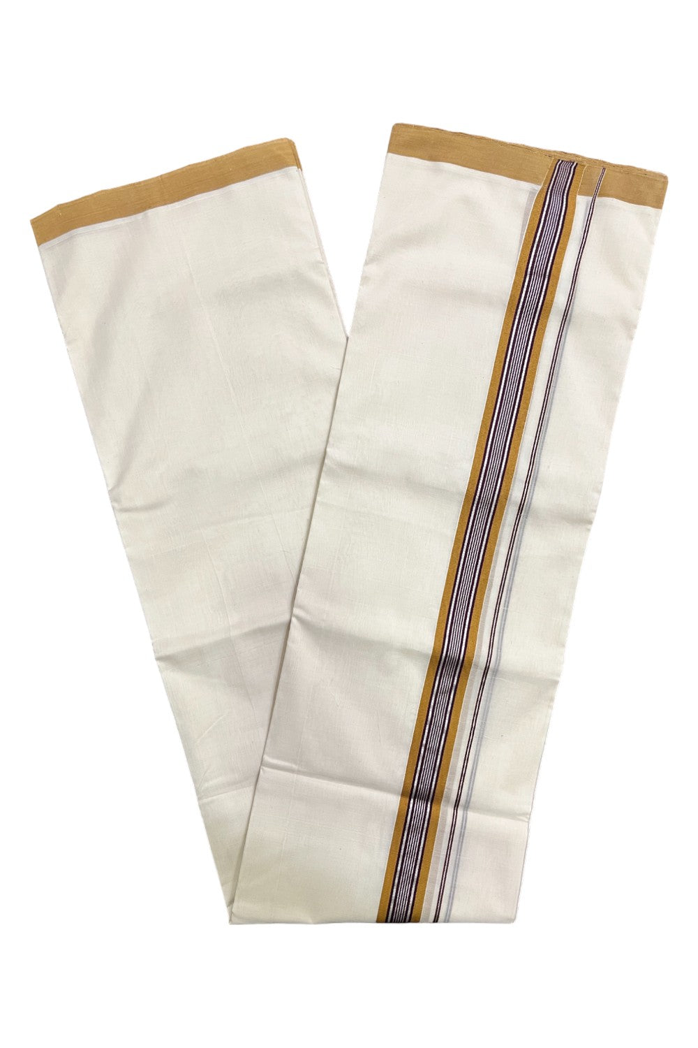 Premium Balaramapuram Handloom Unakkupaavu Cotton Double Mundu with Silver Kasavu Yellow and Purple Border (Onam 2024 Collection)