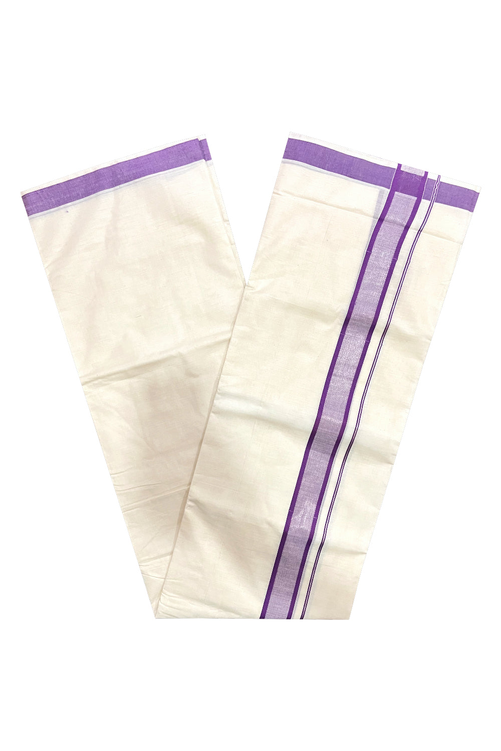 Pure Cotton Off White Double Mundu with Silver Kasavu and Violet Border (South Indian Dhoti)