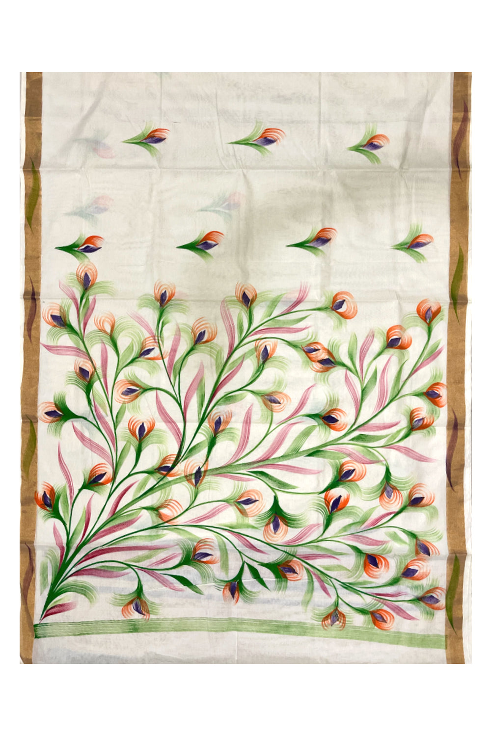 Kerala Cotton Kasavu Saree with Brush Painted Floral Designs