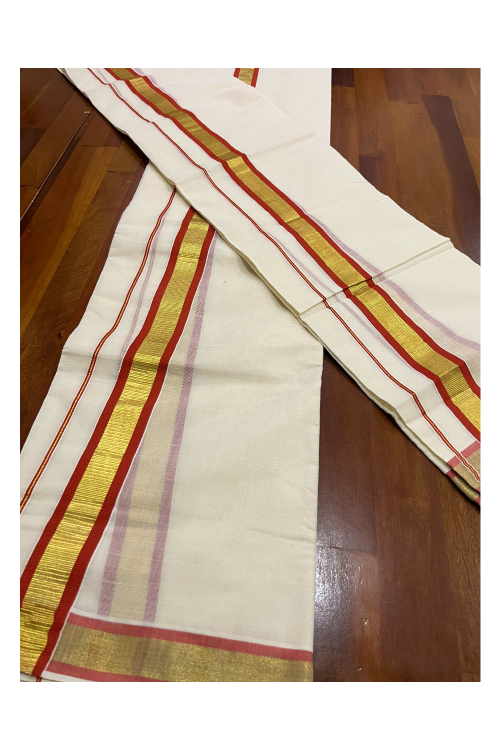 Pure Cotton Mundum Neriyathum Double (Set Mundu) with Orange and Kasavu Border 2.80 Mtrs