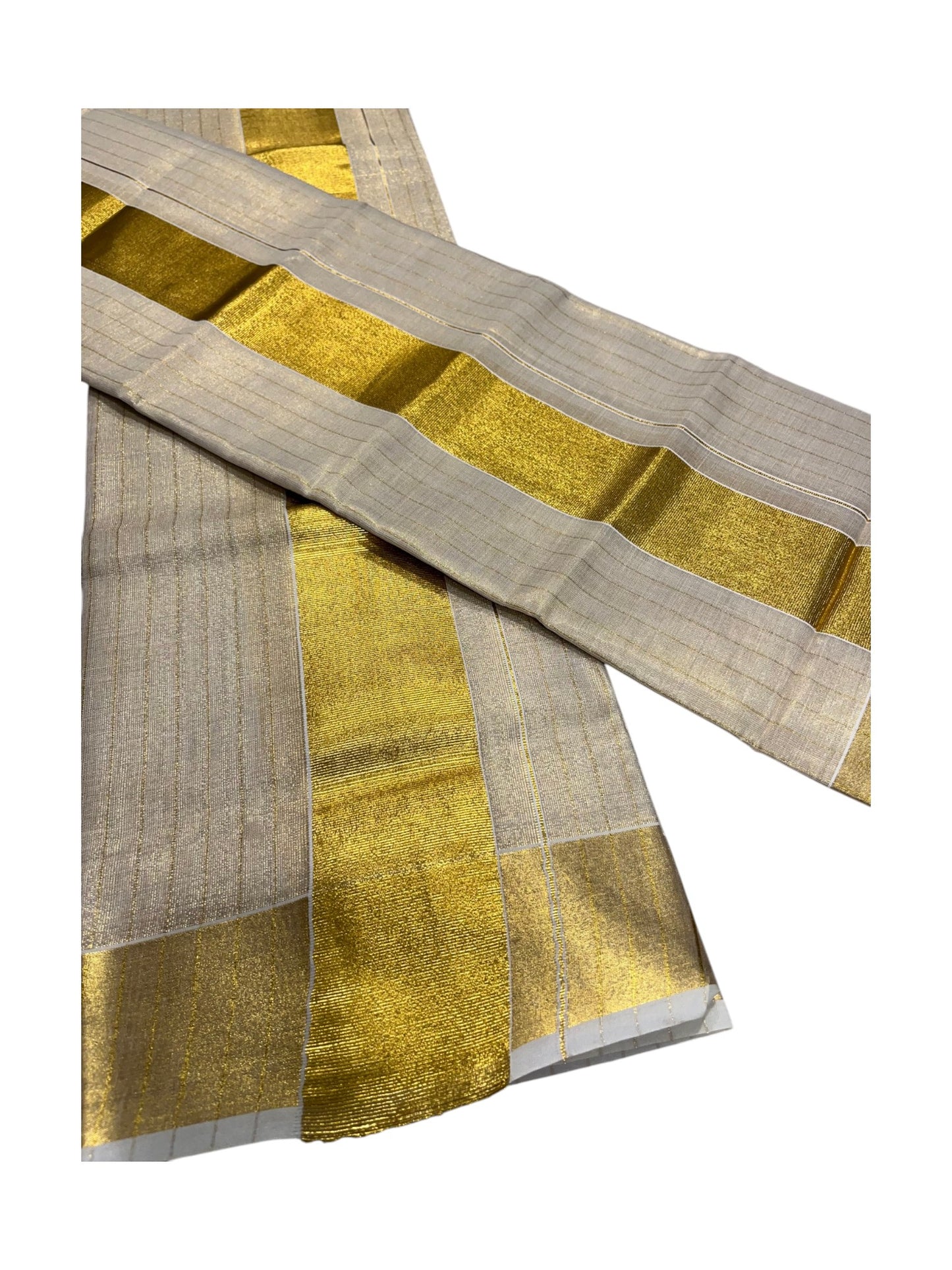 Southloom Kerala Tissue Single Set Mundu (Mundum Neriyathum) with  Kasavu Lines Across Body SL338