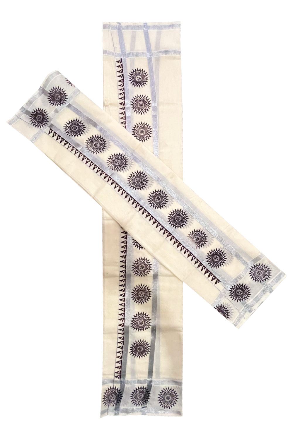 Kerala Pure Cotton Set Mundu Single (Mundum Neriyathum) with Dark Brown Temple Block Prints on Silver Kasavu Border