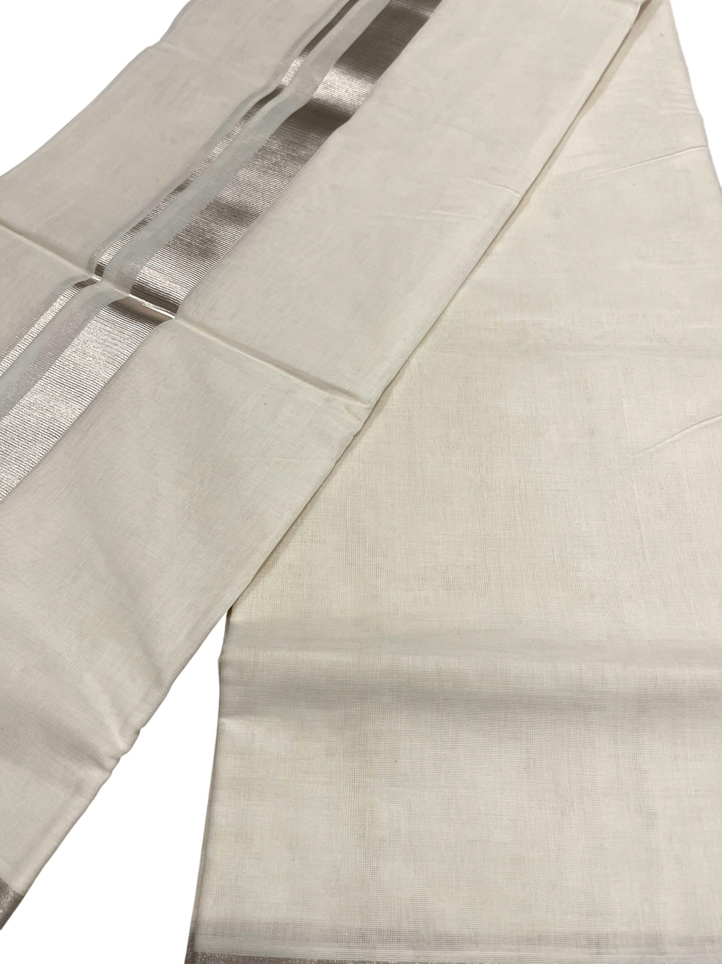 Southloom Premium Handloom Cotton Double Mundu with Silver Kasavu Border