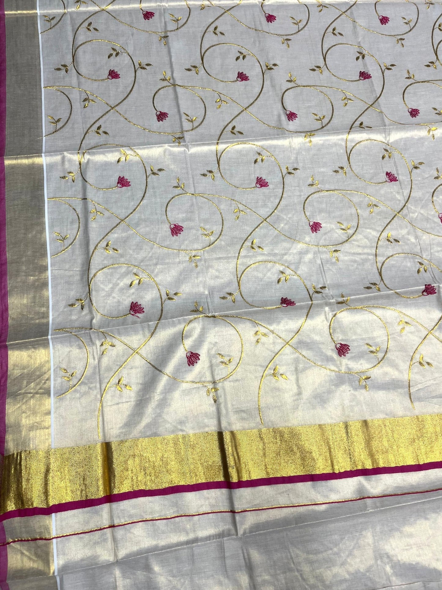Southloom Kerala Tissue Kasavu Saree with Magenta and Gold Embroidery Across Body
