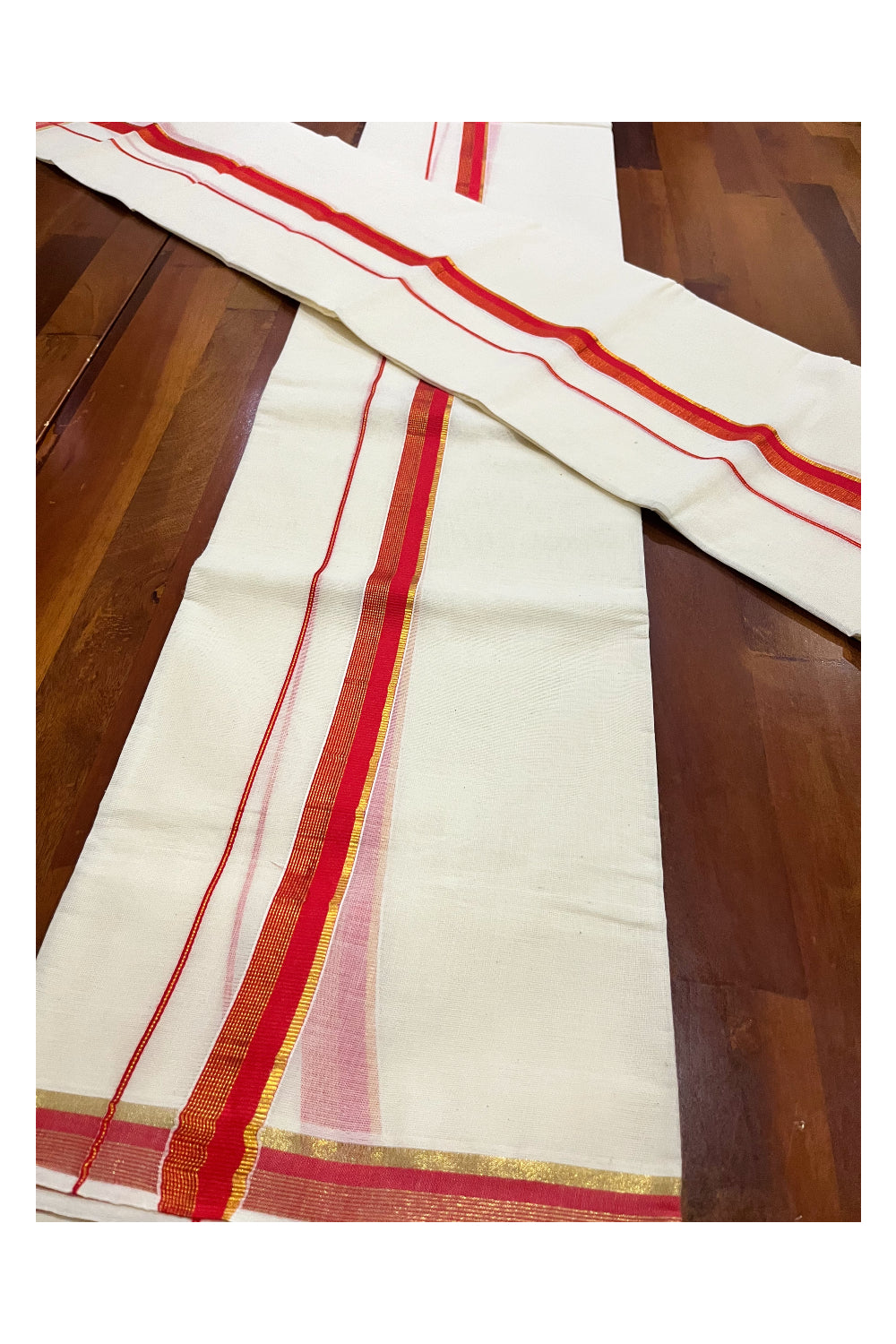 Kerala Cotton Set Mundu Single (Mundum Neriyathum) with Orange and Kasavu Border