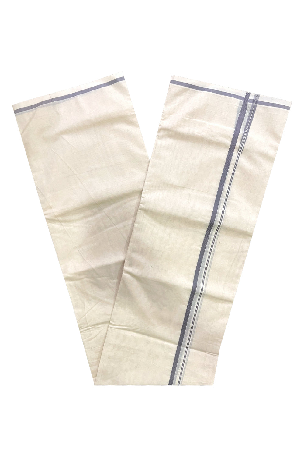 Pure Cotton Off White Kerala Double Mundu with Grey Puliyilakkara Chutti Border (South Indian Dhoti)