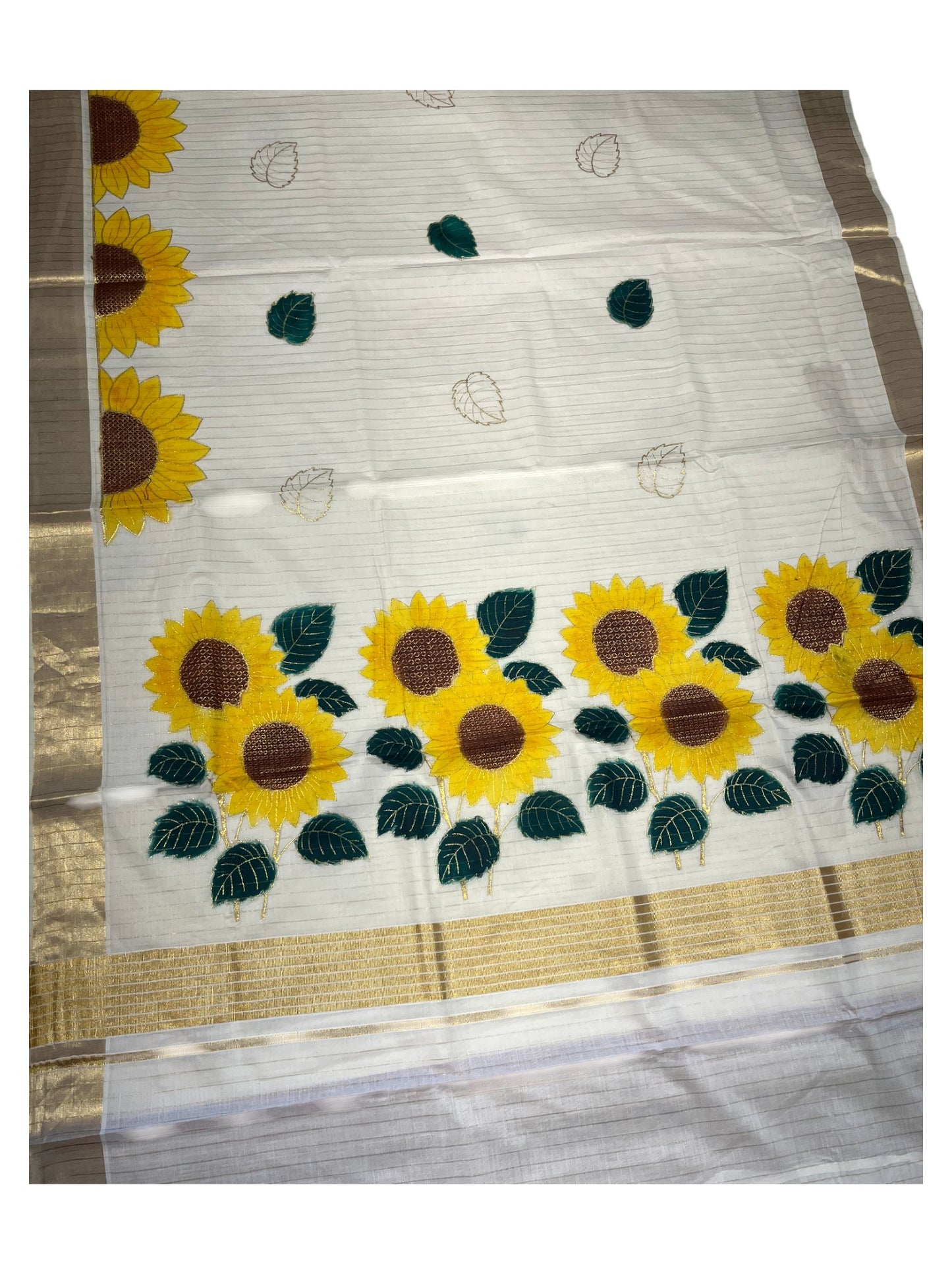 Southloom Kerala Cotton Kasavu Lines Saree with Embroidery Wor in Yellow Floral Print