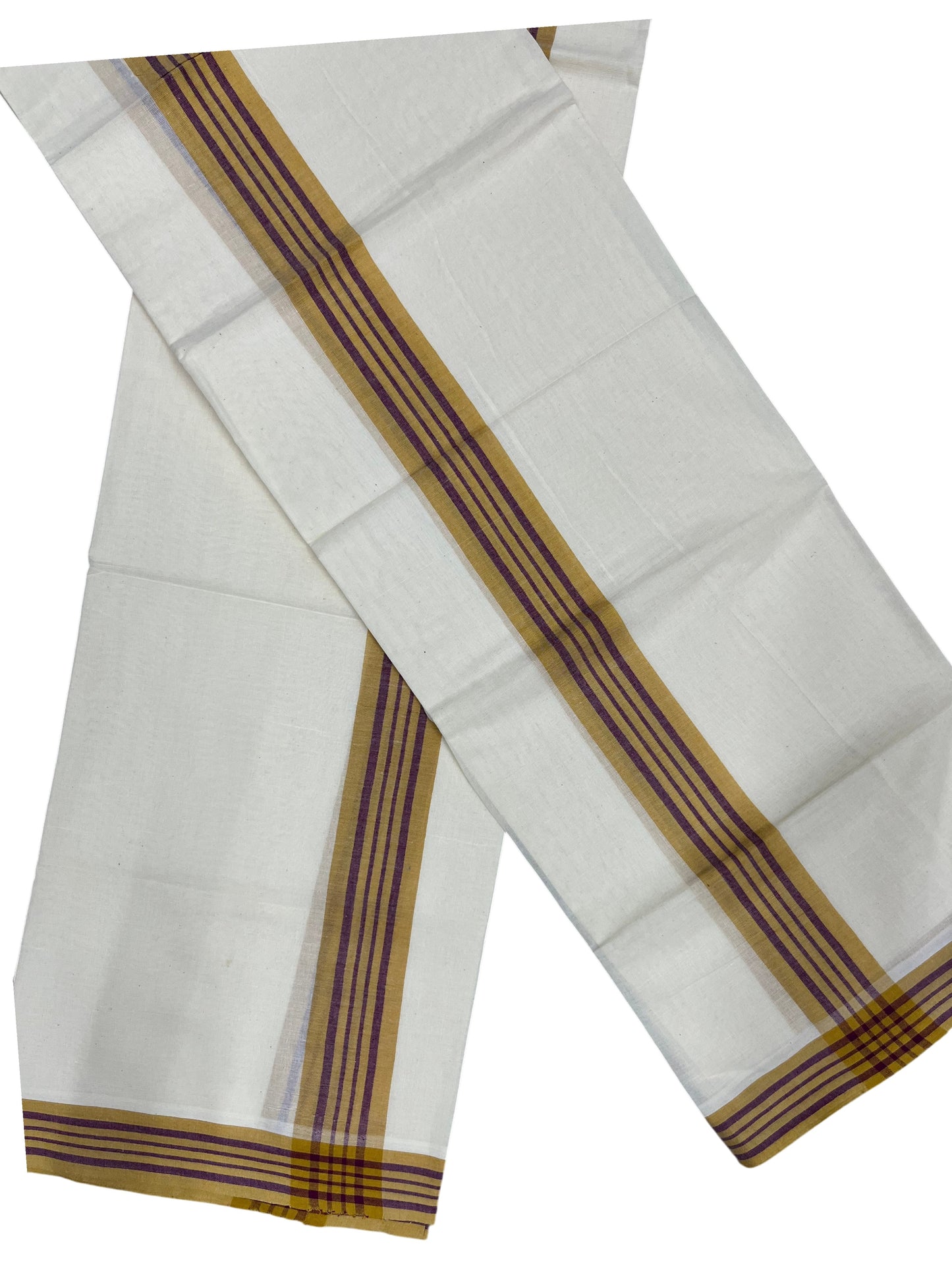 Southloom Pure Cotton Kerala Single Mulloth Set Mundu (Mundum Neriyathum) Mustard Yellow And Purple Border in 2.80 mtrs